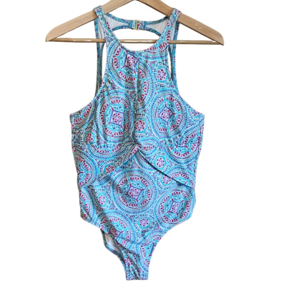 Helen Jon Size Large Turquoise Pink Medallion High Neck One Piece Swimsuit